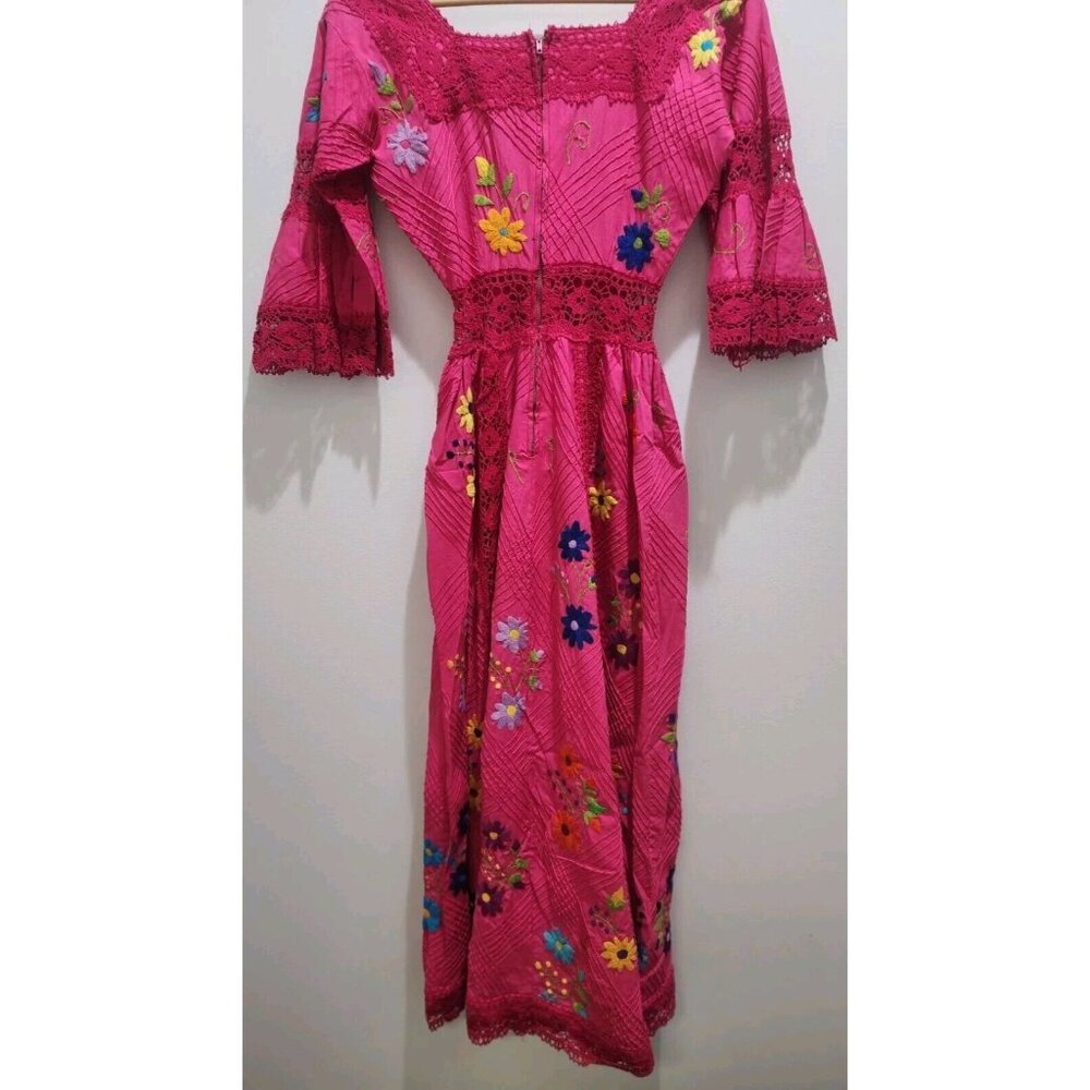 Stunning VTG MEXICAN OAXACA WEDDING PENTUCK Pink Lace FLORAL EMBROIDERY Dress XS - Picture 6 of 8